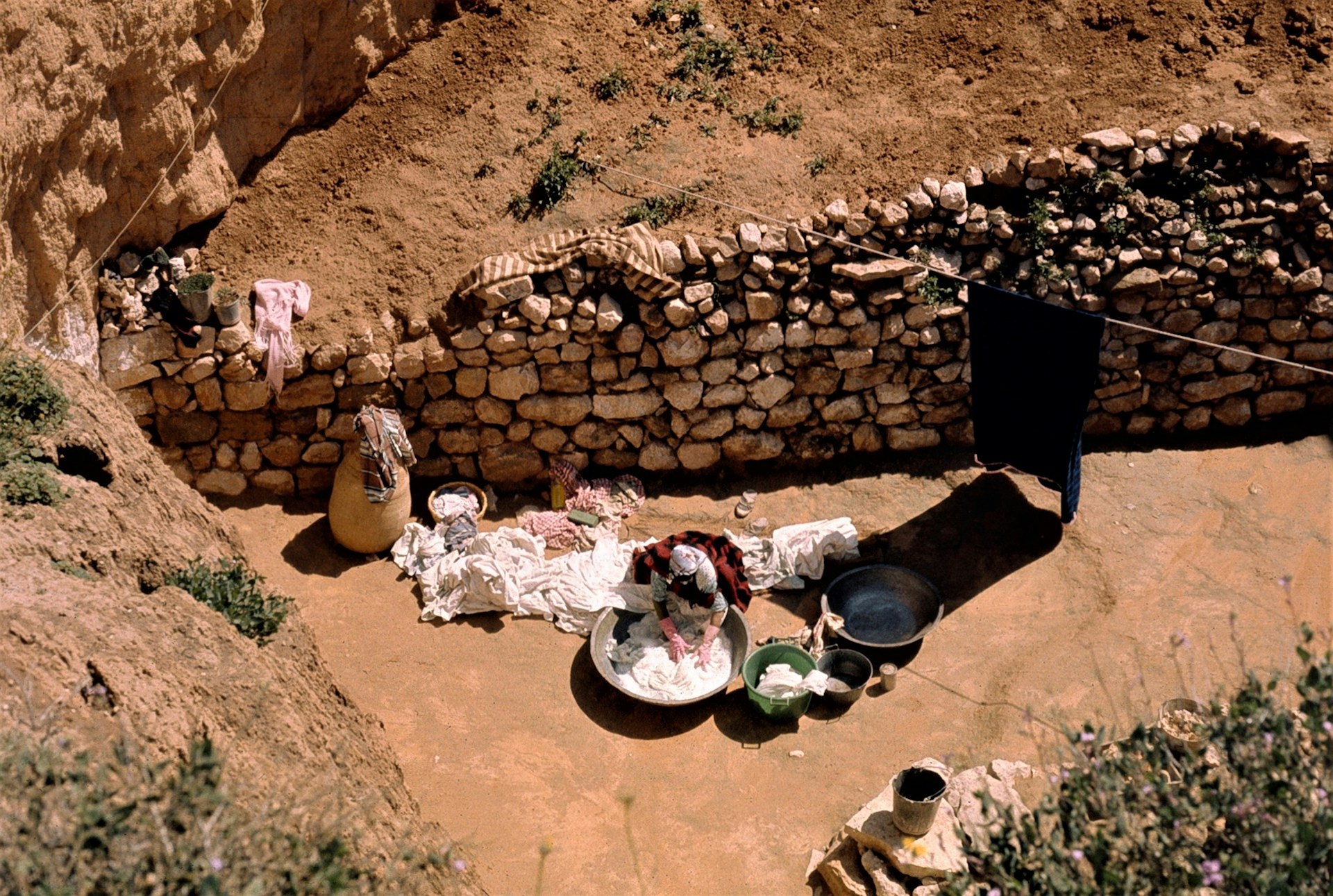 green plastic basin on brown soil