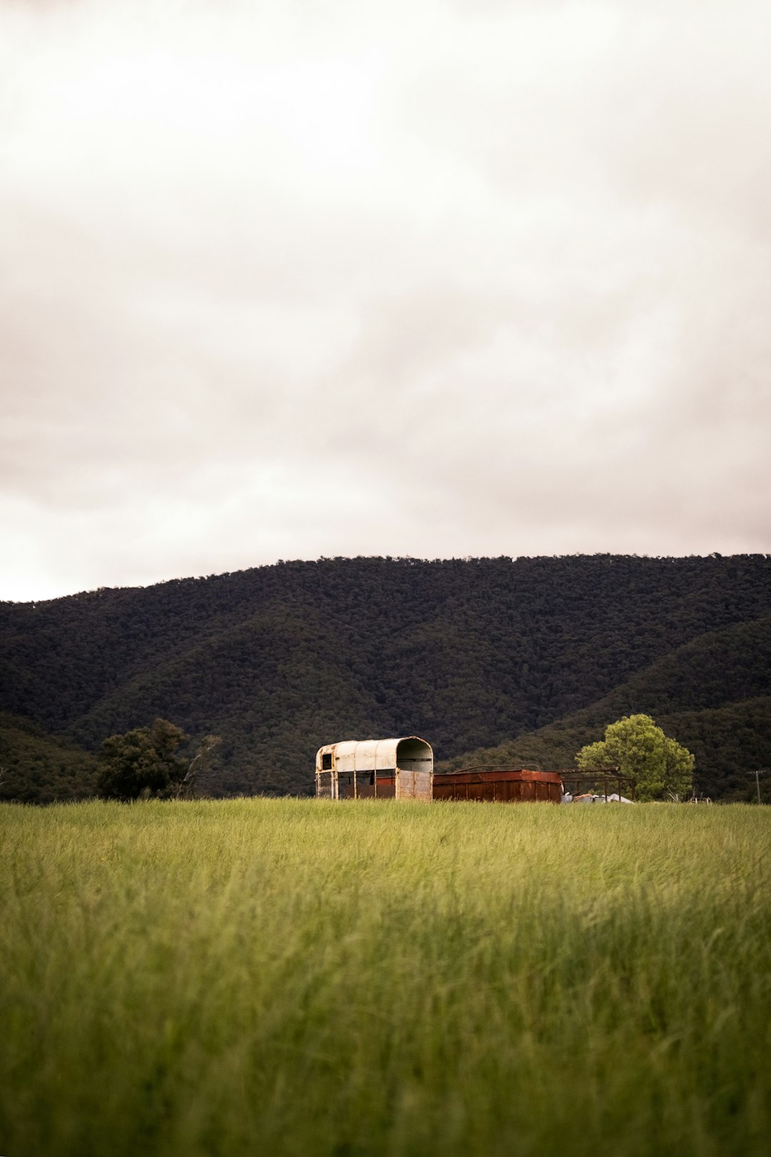 brown wooden house on green grass field near green mountains under white cloudy sky during daytime