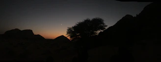 A serene desert landscape illuminated by a bright, guiding light at dusk.