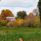 green grass field with trees and red and white signage during daytime