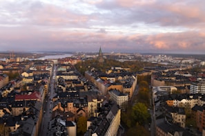 A panoramic cityscape showcasing historic buildings and lively streets from above