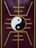 A yin-yang symbol is centered on a purple panel with a golden geometric design that radiates outward, creating a symmetrical and balanced aesthetic.