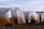Several large, plastic-covered greenhouses are arranged in a row on a patch of grassy land. The transparent plastic film reflects light and creates a gradient of colors from orange to yellow. There are some hoses and a black container nearby, and the setting appears to be outdoors under a mostly clear sky.