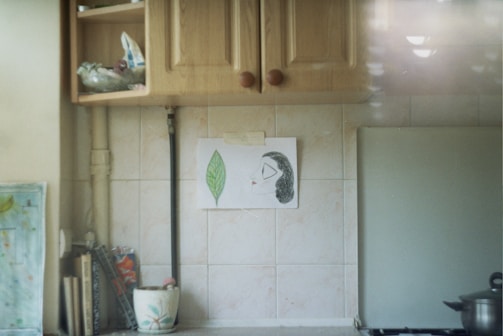 A kitchen with wooden cabinets above a tiled backsplash. A hand-drawn picture is taped to the tiles, showing a leaf and a profile of a face. Below, there are various items including a potted plant, some books, and a pot with a lid on the stove.
