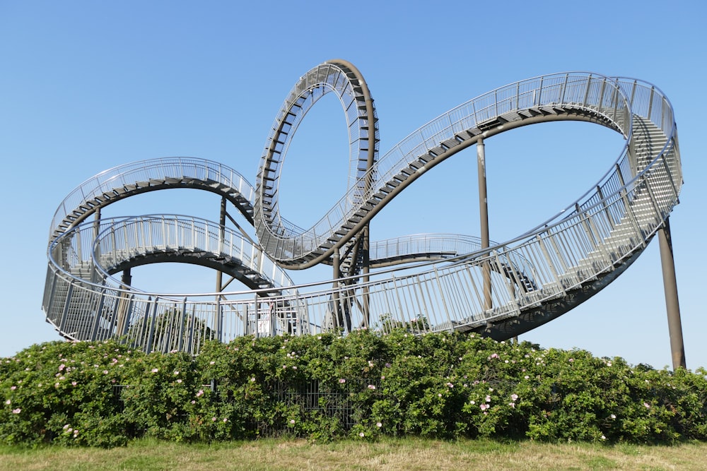 white roller coaster on green grass field during daytime