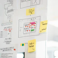 A whiteboard filled with diagrams and flowcharts illustrating system integration and service design processes.