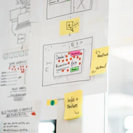 Team brainstorming around a whiteboard filled with flowcharts and diagrams.