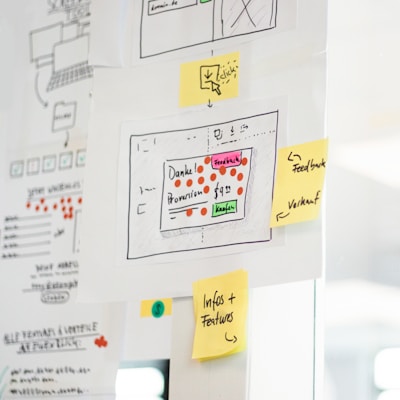 A whiteboard or wall is filled with paper sheets and sticky notes containing diagrams, sketches, and notes. Prominent features include hand-drawn flowcharts with symbols and arrows, as well as several colored sticky notes with handwritten words like 'Feedback' and 'Infos + Features'. The central sheet displays a layout with text and colored dots, possibly representing an interface design or process.