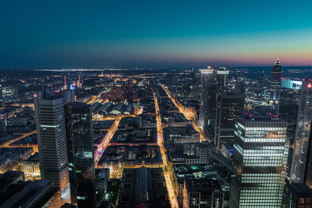 aerial view of city buildings during night time