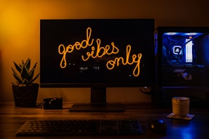 A dimly lit workspace with a monitor displaying the text 'good vibes only' in a warm, glowing script. To the left, a small potted plant adds a touch of greenery. On the desk, a camera and a mug are visible, suggesting hobbies or interests. The computer setup includes a tower with blue LED lights visible on the right, adding a modern, tech-savvy vibe.