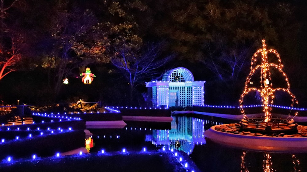 夜間の木々の近くの白いコンクリートの建物