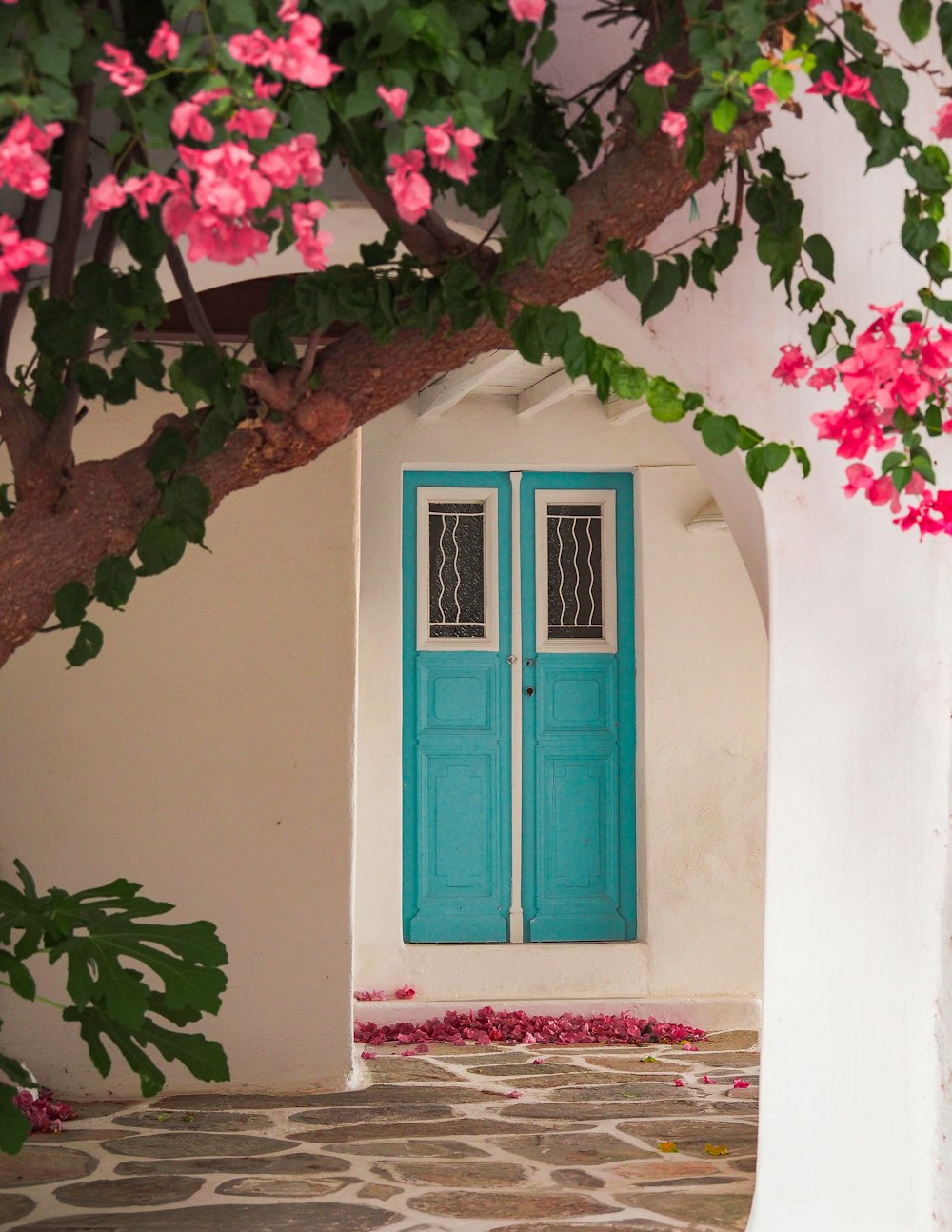 blue wooden door with pink flowers