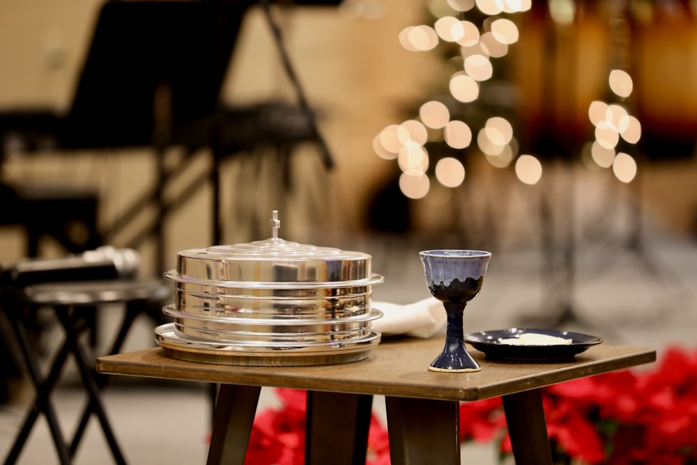 stainless steel container on white table