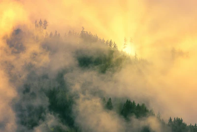 Sunlight piercing through fog over a rugged ridge on the Netravati trek.