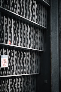 A series of metal gates with a mesh and diamond pattern arranged vertically, casting shadows on the wall behind. There's a no parking sign attached to one side of the gate.