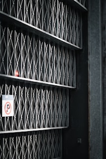 A series of metal gates with a mesh and diamond pattern arranged vertically, casting shadows on the wall behind. There's a no parking sign attached to one side of the gate.