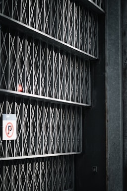 A series of metal gates with a mesh and diamond pattern arranged vertically, casting shadows on the wall behind. There's a no parking sign attached to one side of the gate.