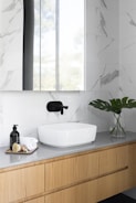 A stylish bathroom countertop made of granite.