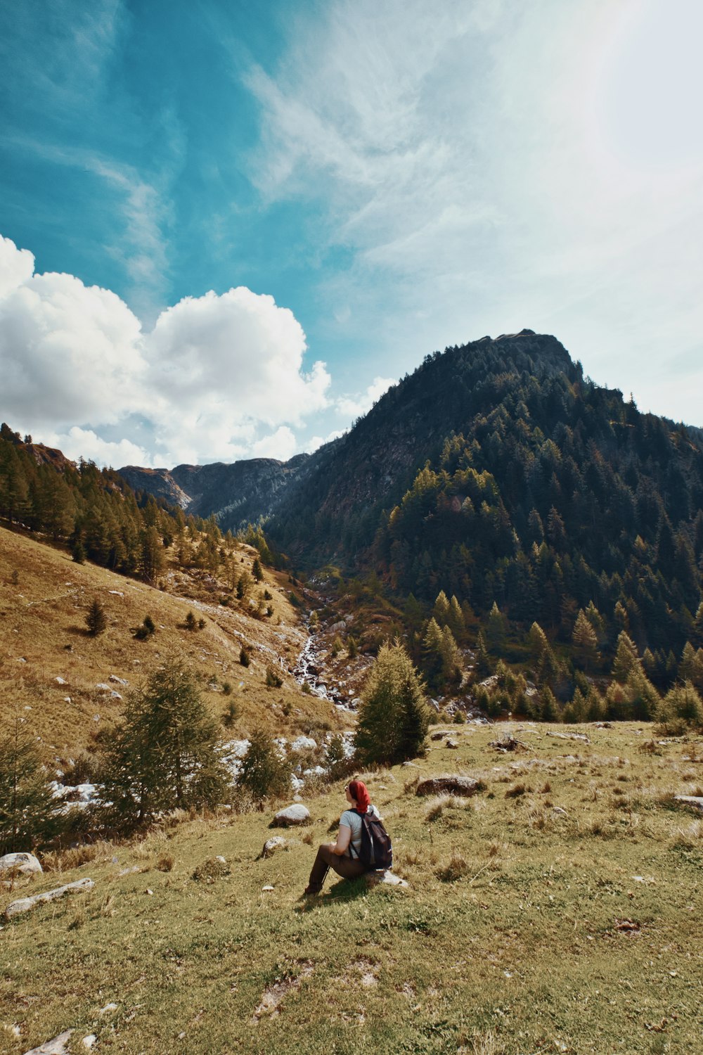 person in red jacket walking on dirt road near green trees and mountains during daytime