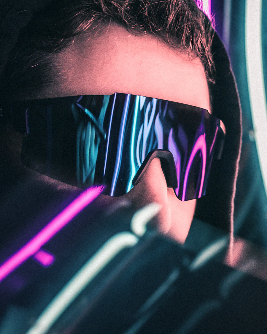 Person wearing VR-style glasses in a futuristic setting