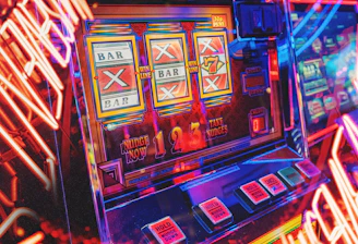 A vibrant collage of online slot machines and bonus icons glowing on a dark background.