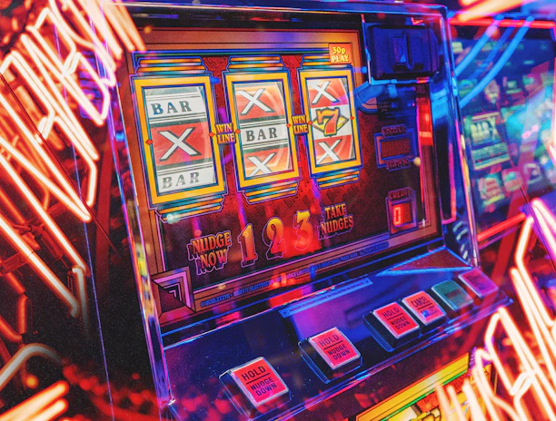 A vibrant collage of online slot machines and bonus icons glowing on a dark background.