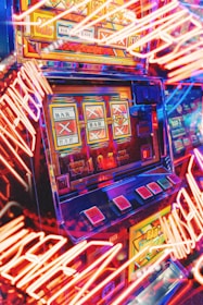 A vibrant scene featuring a classic slot machine with bright neon lights surrounding it. The slot machine displays symbols like 'Bar' and '7' and is set in a lively arcade environment. Reflections and colorful lighting add a sense of excitement and motion.