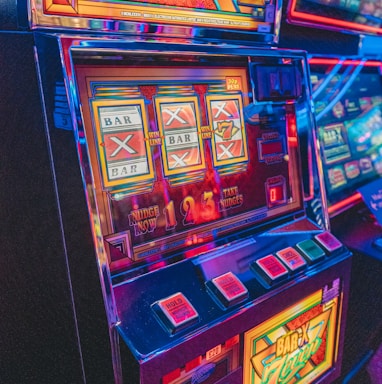 slot machine with lights turned on in the dark