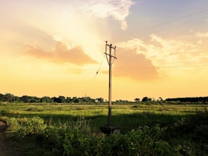 A rural landscape with a vibrant sunset sky. The foreground features green fields with patches of vegetation. A utility pole stands prominently in the center, supporting overhead cables. The horizon displays silhouettes of trees, creating a peaceful and serene atmosphere.