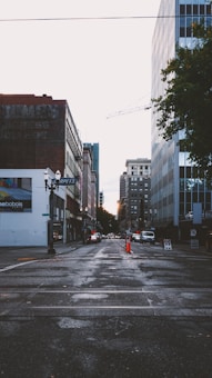 The image captures a city street scene with tall buildings lining both sides. The pavement appears wet as if it has recently rained, and there is a sense of urban calmness with minimal traffic. A tree is visible on the right, introducing some greenery. Traffic signs and a construction cone can be seen along the road.
