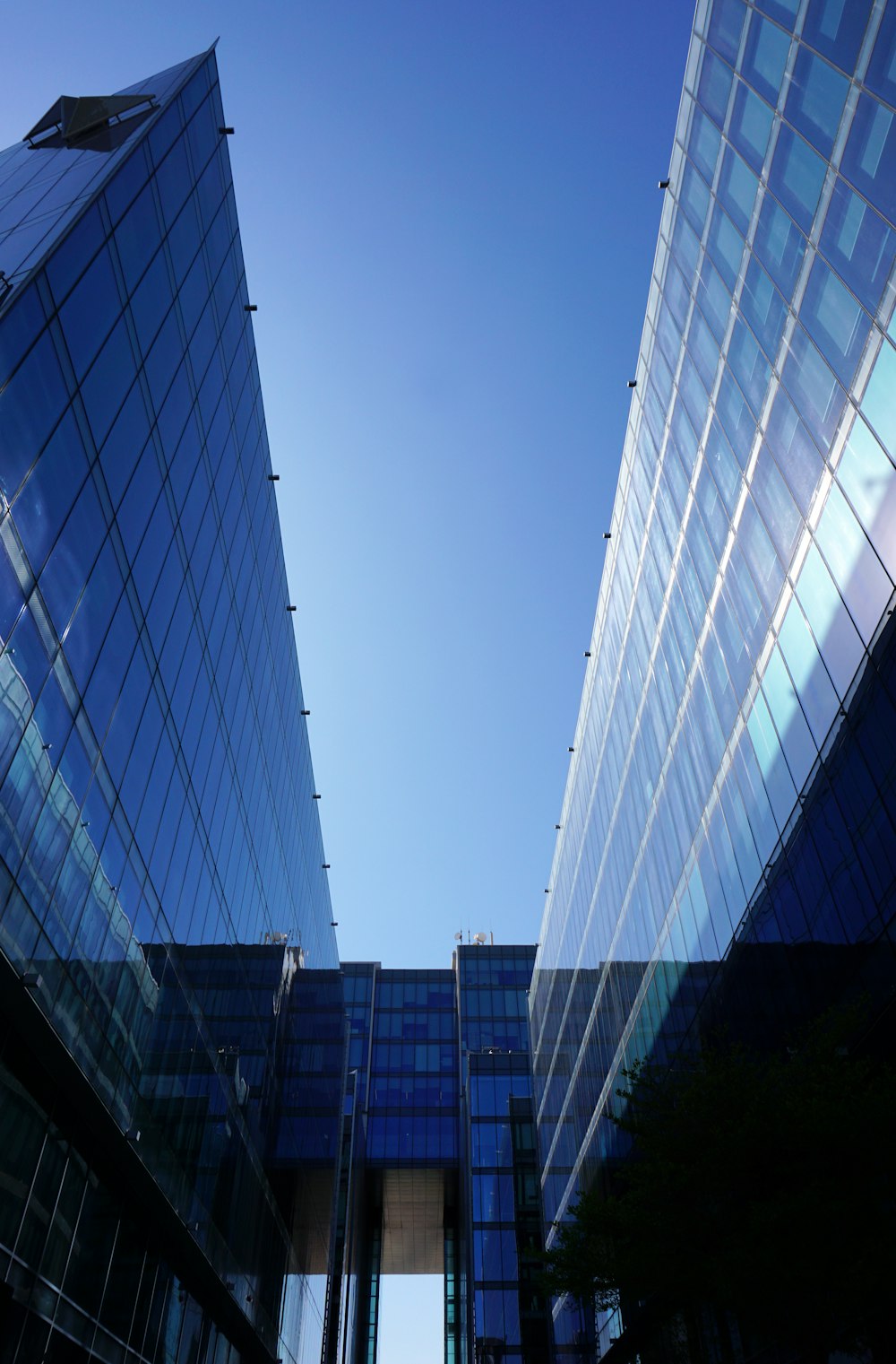 white and blue glass walled high rise building