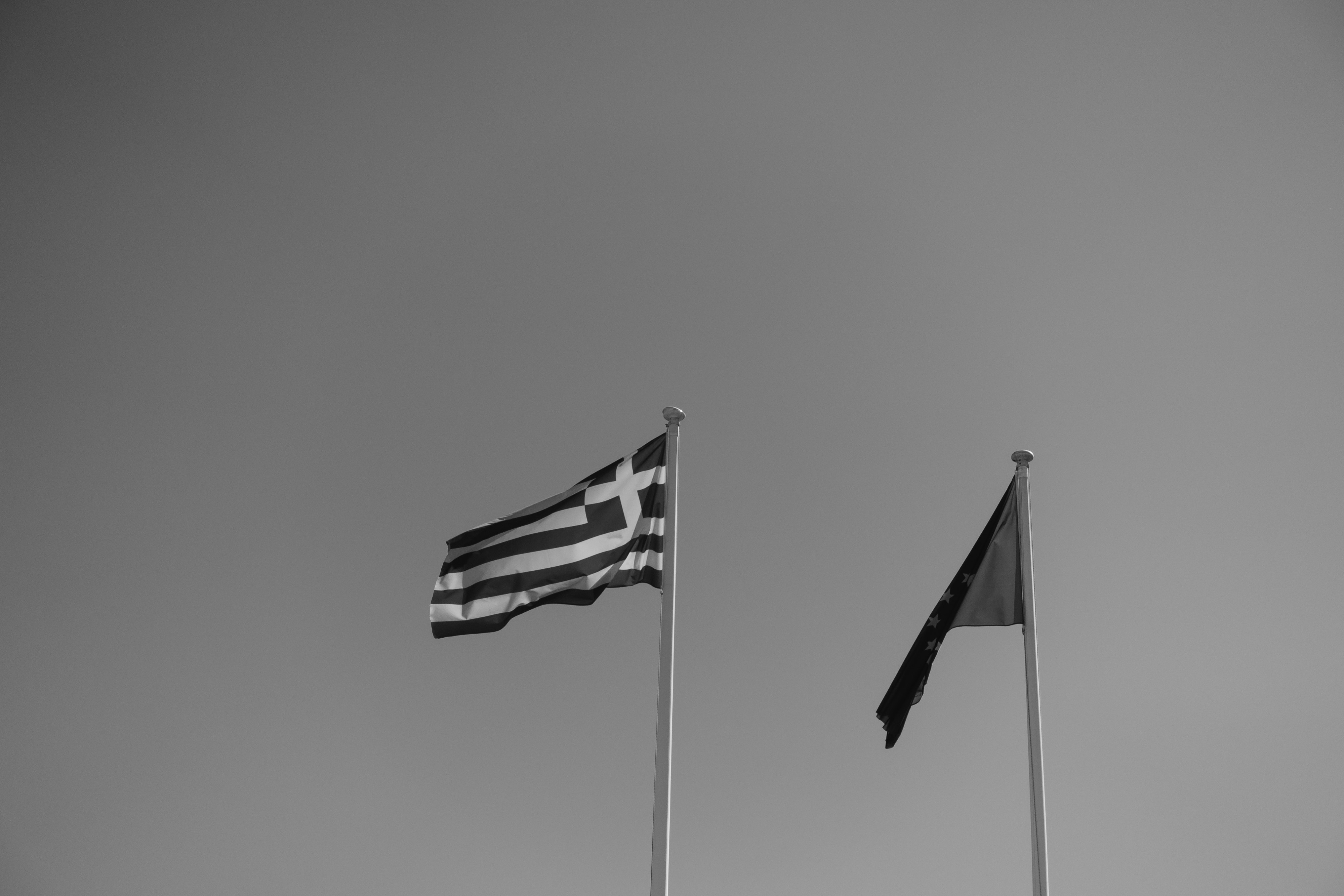 grayscale photo of flag on pole