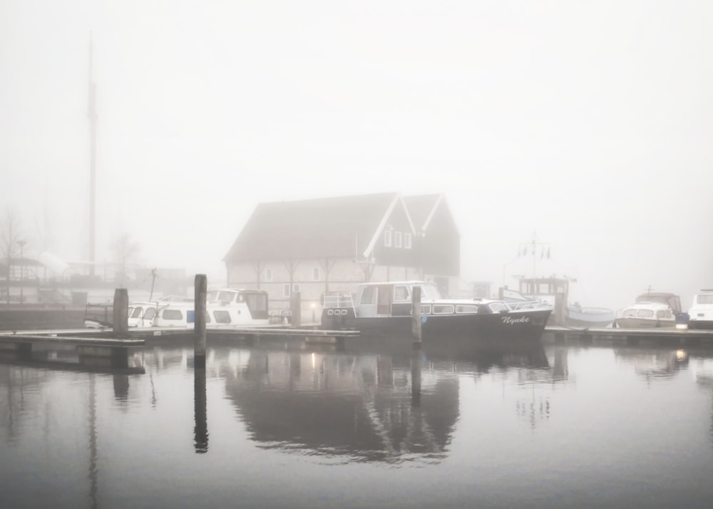 grayscale photo of house near body of water