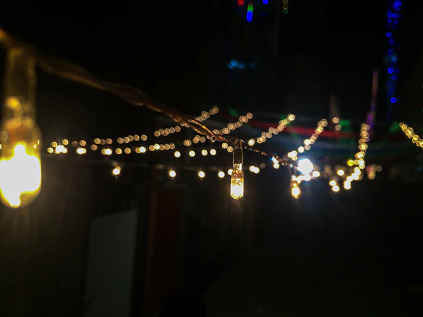 Beautiful strings of fairy lights illuminating a cozy Diwali home setting.