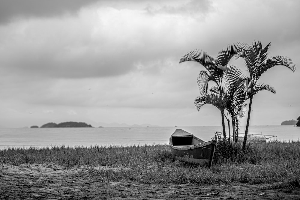 grayscale photo of canoe on grass field near body of water