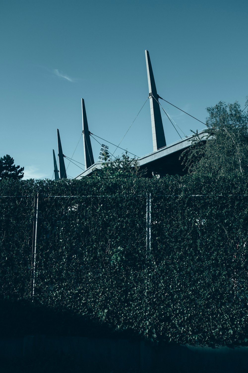 a tall building sitting next to a lush green hedge