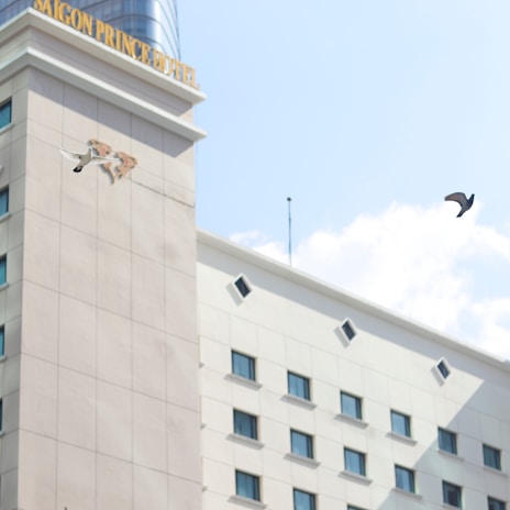 A tall building with multiple small windows, displaying the name Saigon Prince Hotel at the top. Two birds are flying in the foreground against a backdrop of a clear blue sky with a few clouds.
