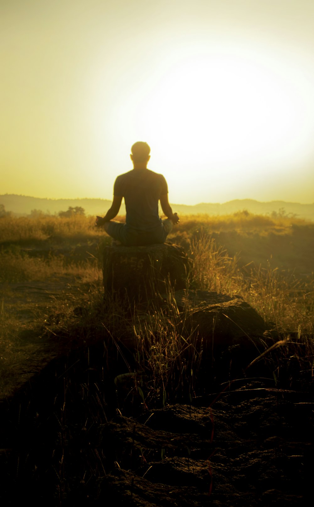 man in black shirt sitting on brown grass during daytime