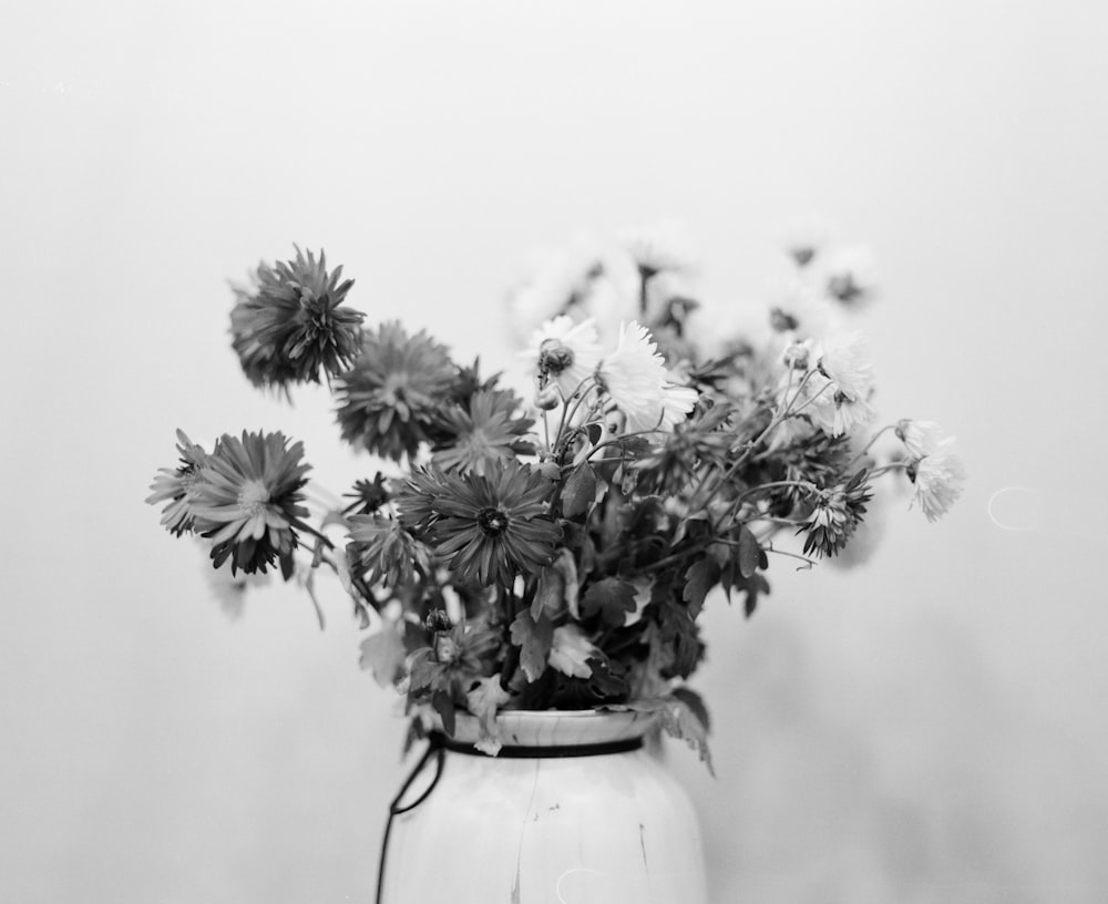 foto in scala di grigi di fiori in vaso