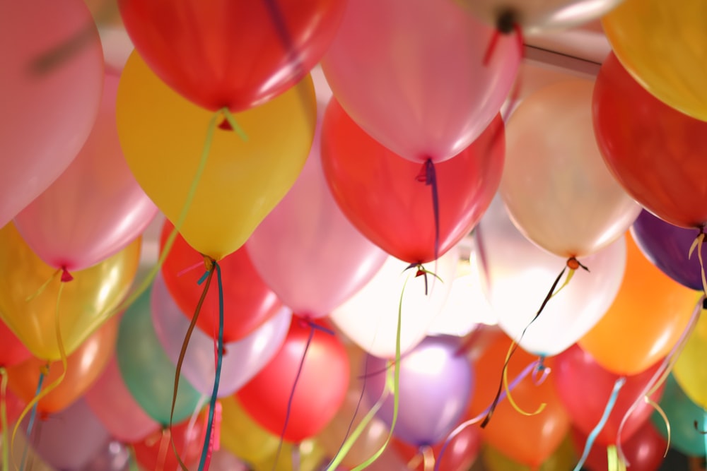 pink and yellow balloons in close up photography