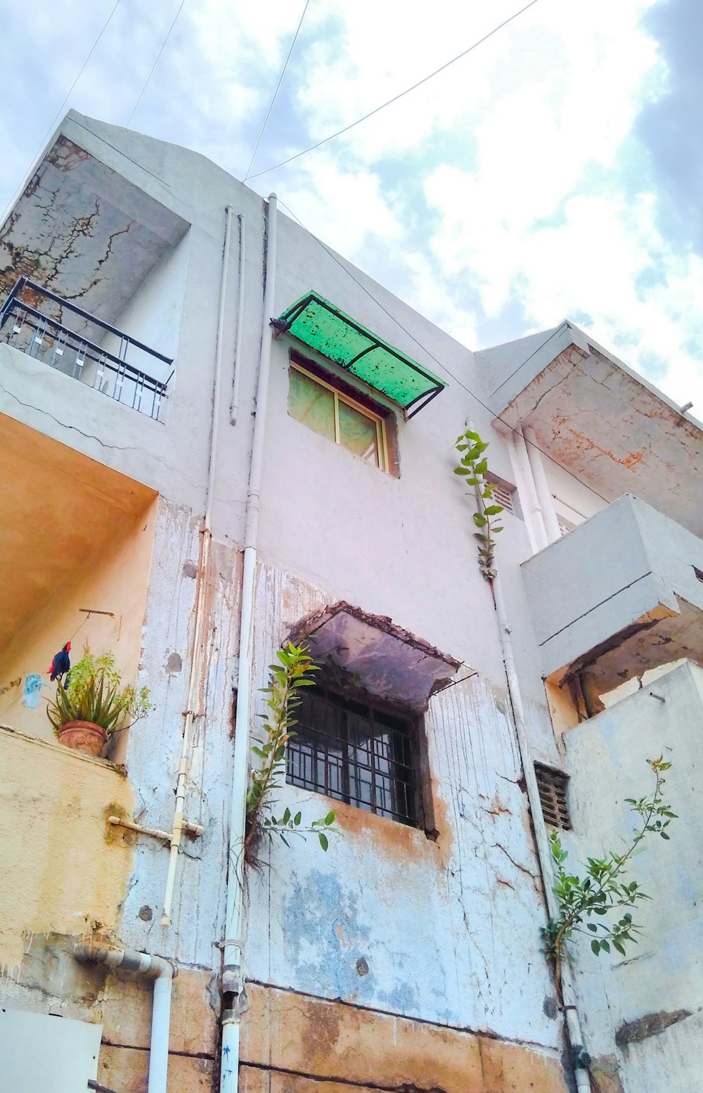 beige concrete building with green window