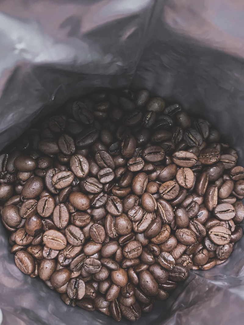 Roasted coffee beans in a bag