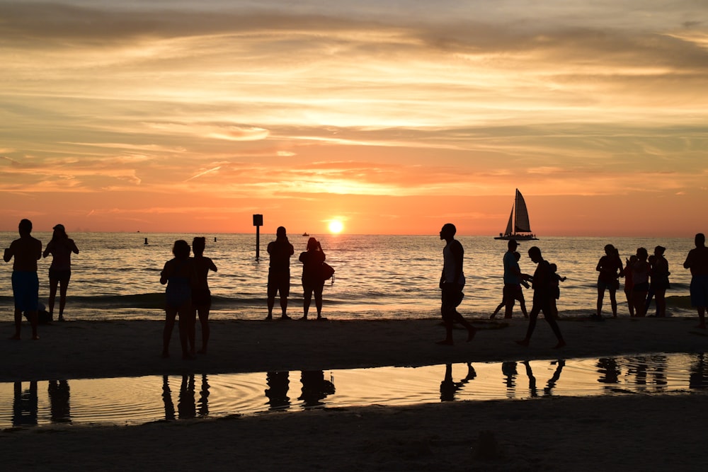 silhouette of people on beach during sunset