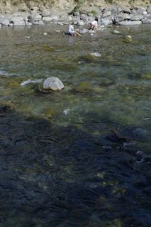 Kids playing by a clear stream with smooth river rocks and green banks.