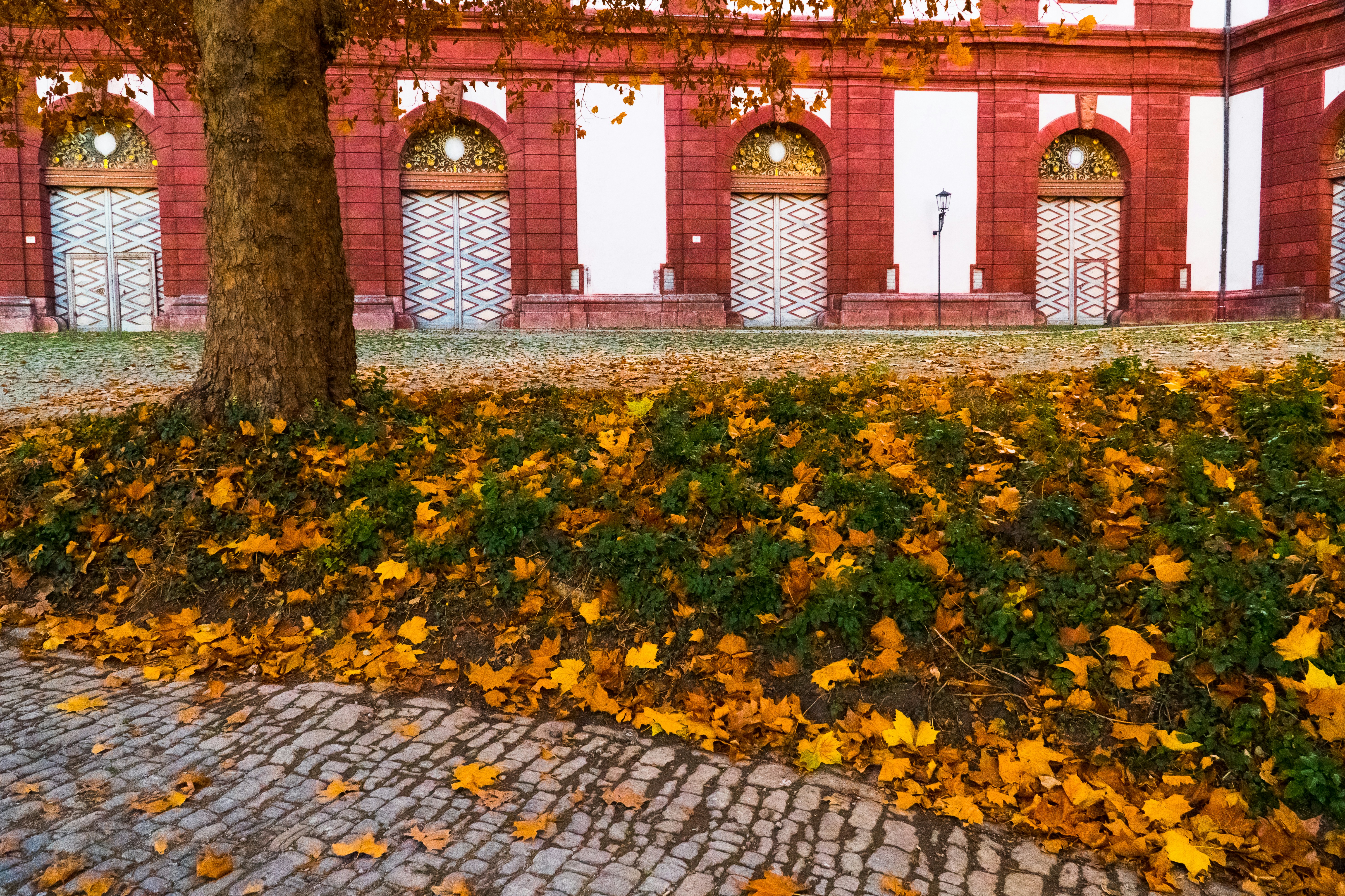 a red brick building with a tree in front of it
