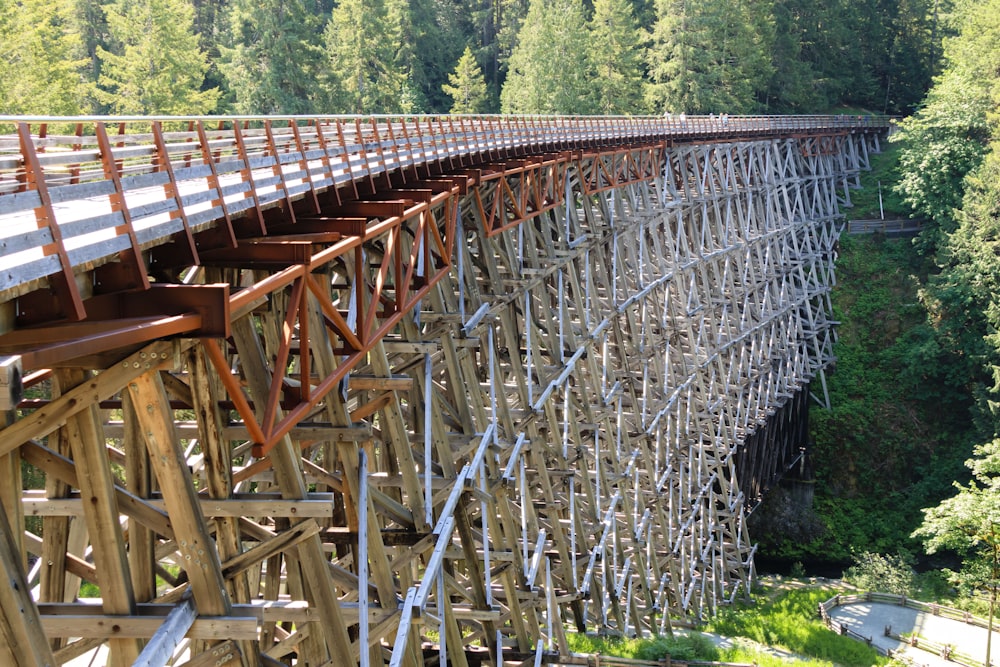 Pont en bois brun au-dessus d’un champ d’herbe verte pendant la journée