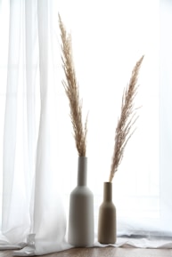 An elegant vase filled with tall pampas grass standing on a minimalist wooden table by a sunlit window.