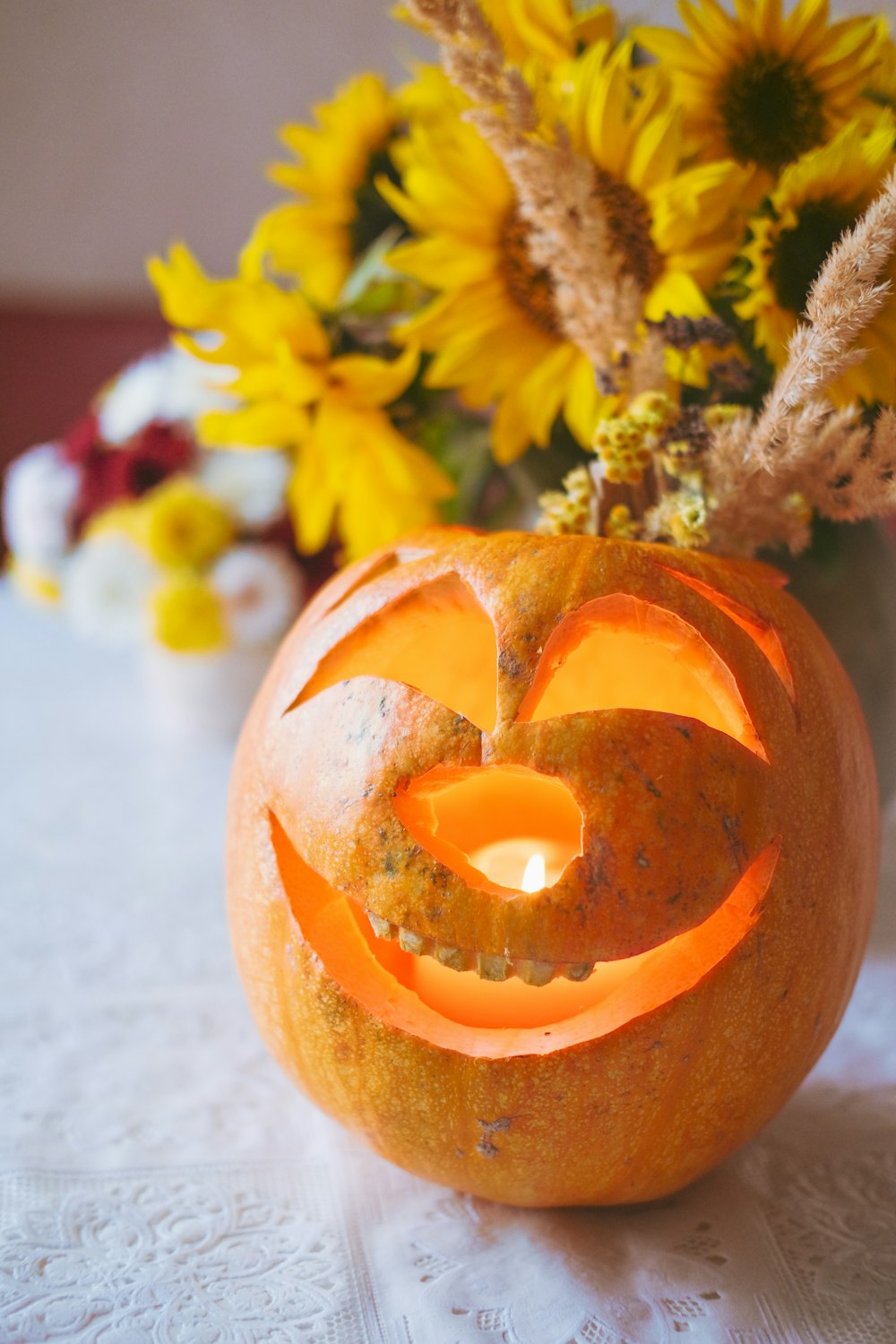 jack o lantern on white table