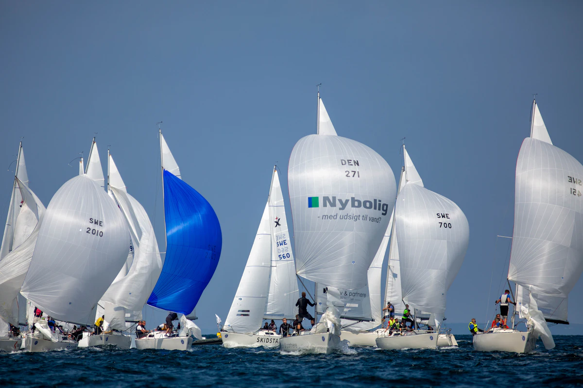 A racing sailboat at sea