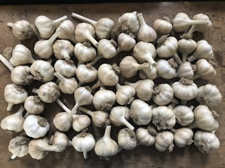 A collection of garlic bulbs is spread out on a wooden surface. The bulbs are arranged closely together, showcasing their papery white skins and dried brown roots.